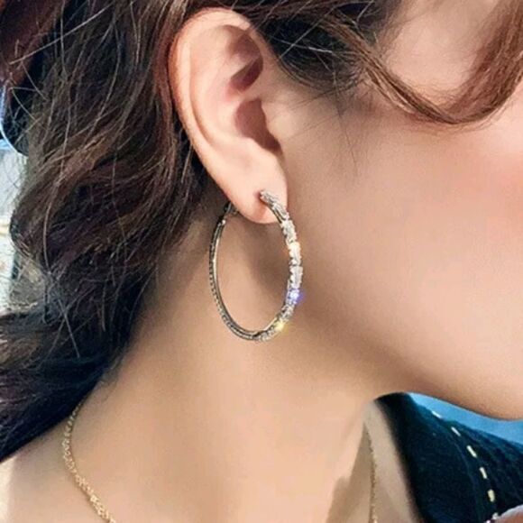 925 Women's Diamond 💎 Hoop Earrings - Picture 4 of 6